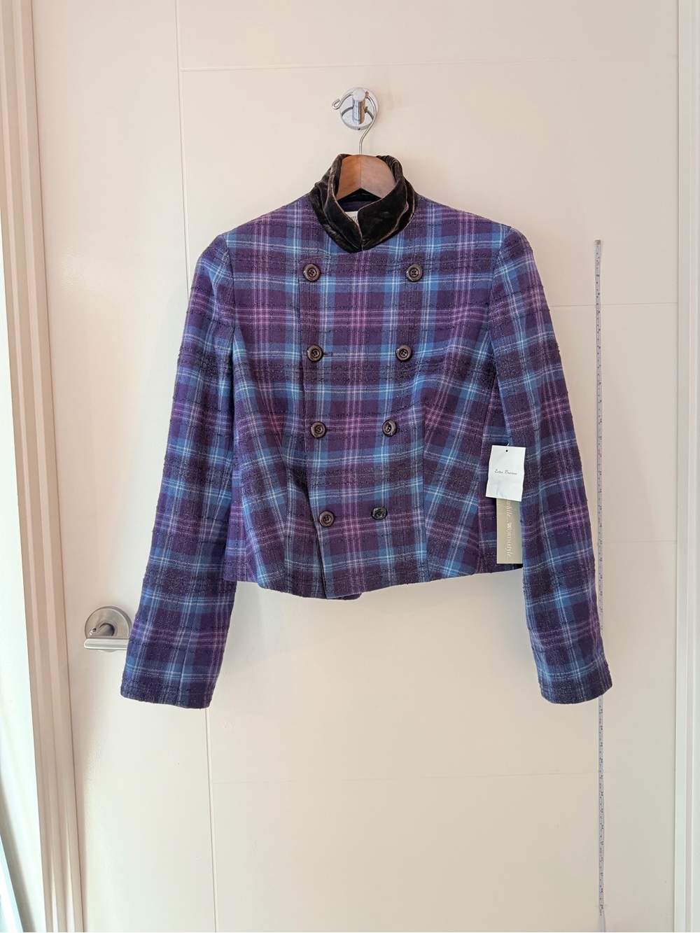 NWT Women’s Double-Breasted Plaid Wool Jacket in Purple/Blue